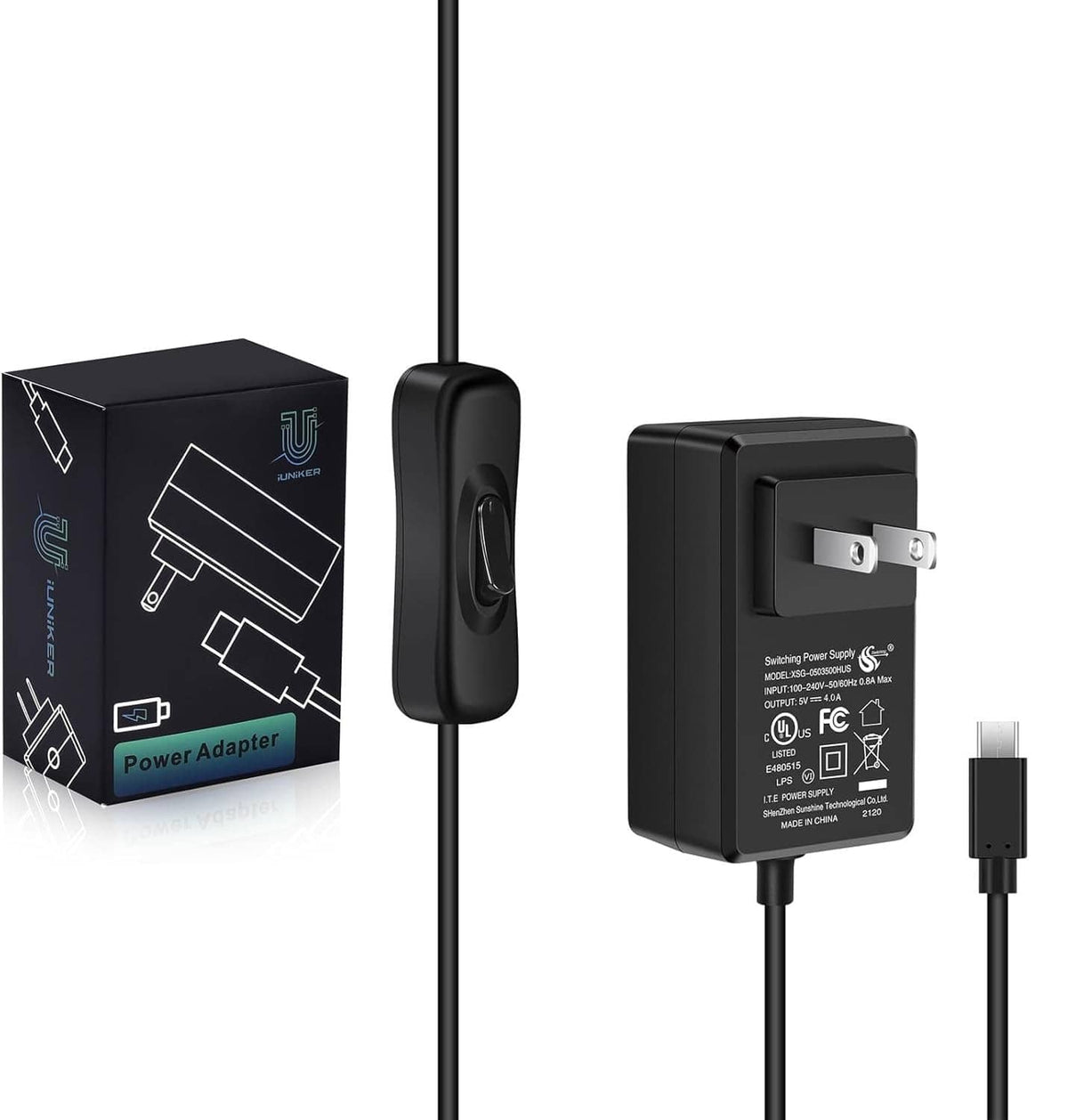 Black power adapter with detachable plug, inline switch controller, and USB-C cable