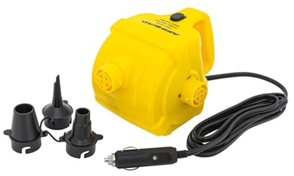 Yellow 12V air pump with power cord and three outlet nozzles, side view