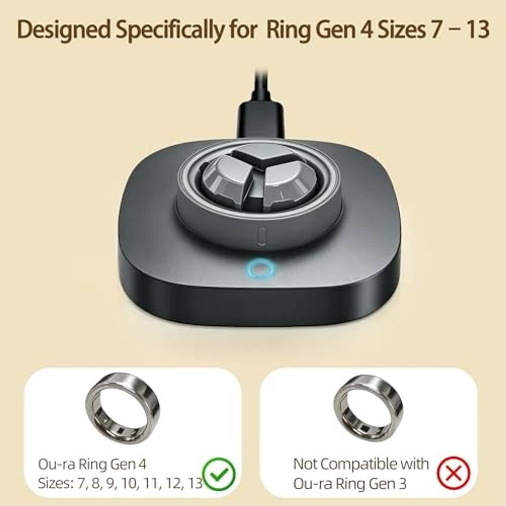 Black charging dock with circular ring cradle and blue indicator light