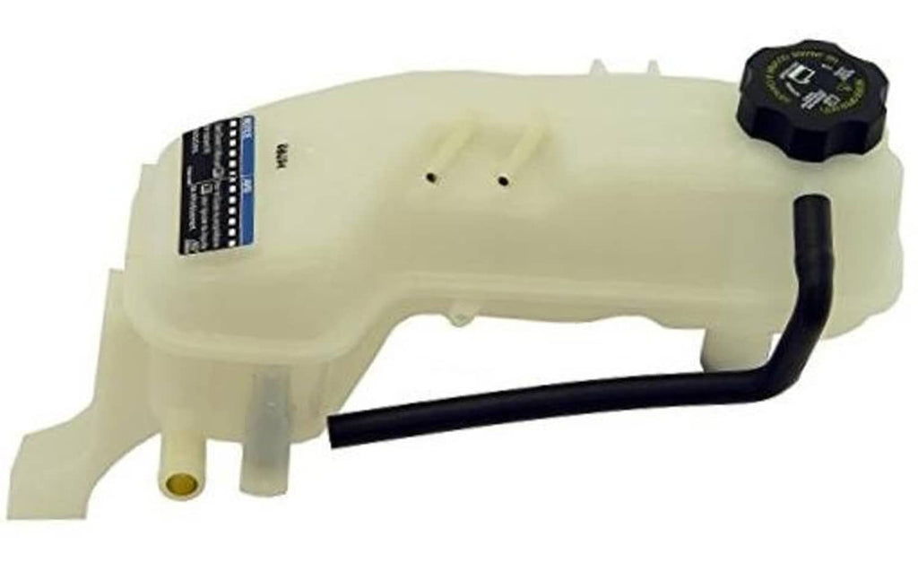 Pressurized coolant reservoir with cap, pale plastic tank and black hose connections