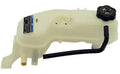 Pressurized coolant reservoir with cap, pale plastic tank and black hose connections