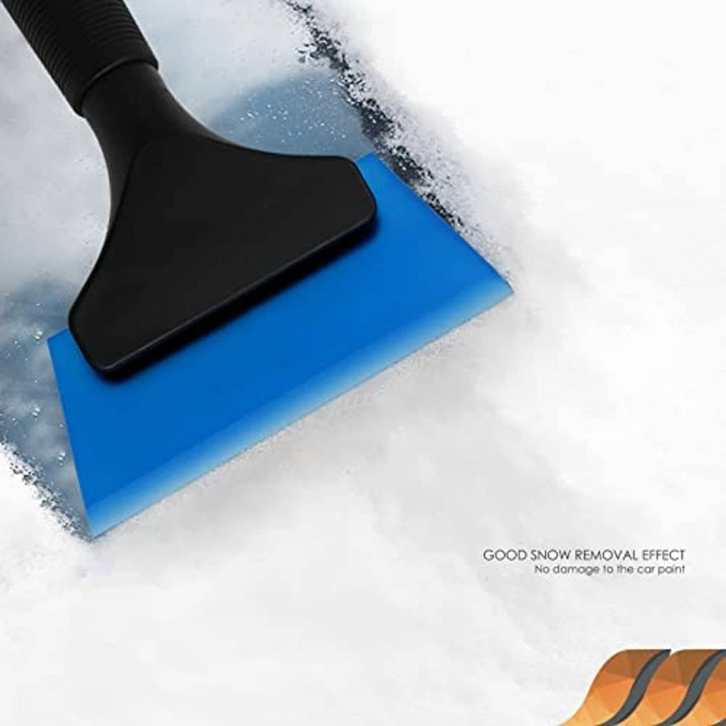 Blue rubber squeegee with black blade lifting snow from a surface