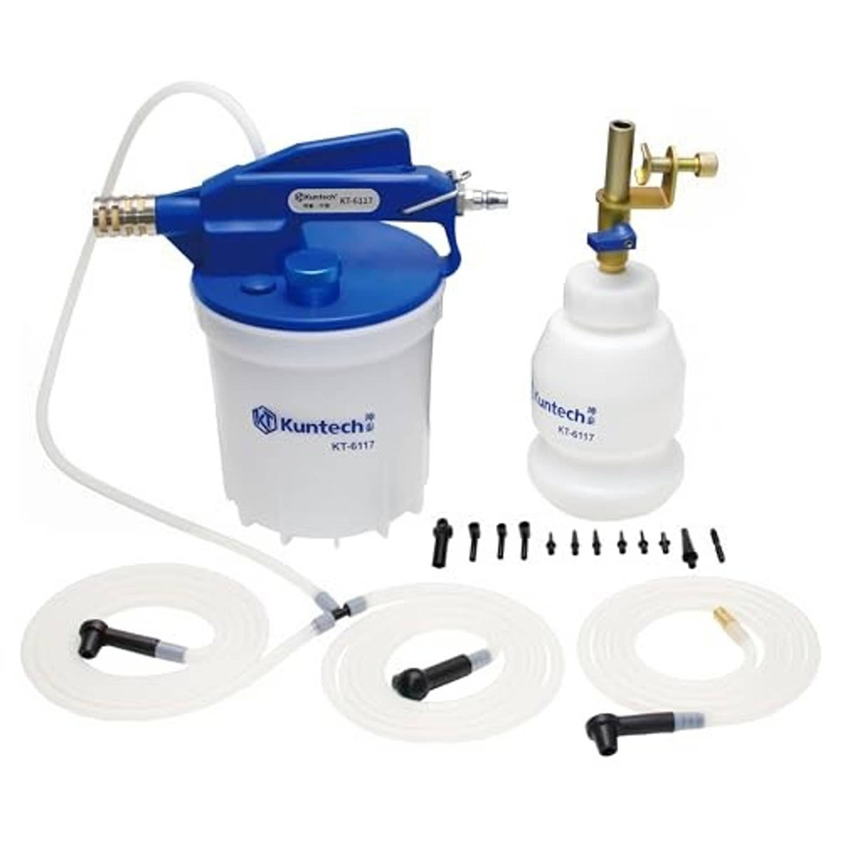 Vacuum brake bleeder kit in blue and white with included tubing, fittings, and accessory set