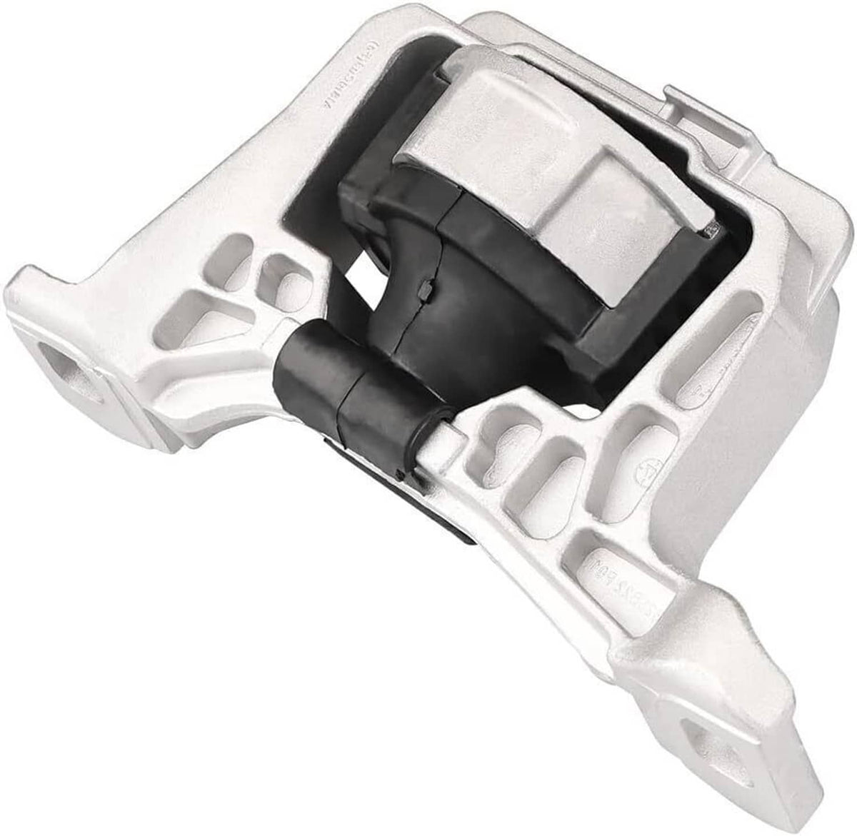 Front engine motor mount with black rubber bushing and silver metal frame, tilted view