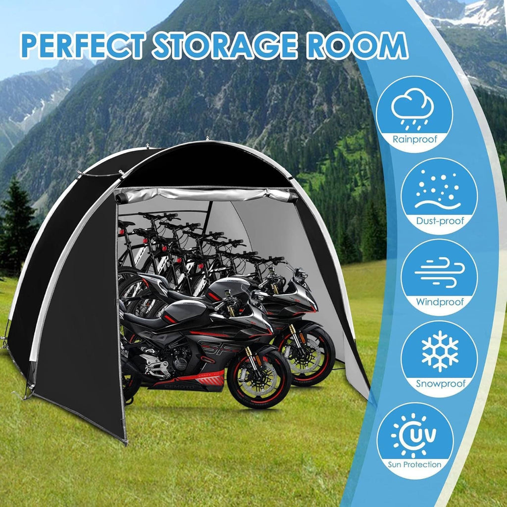Bike storage tent with weatherproof-style design, black and gray, open front with bikes