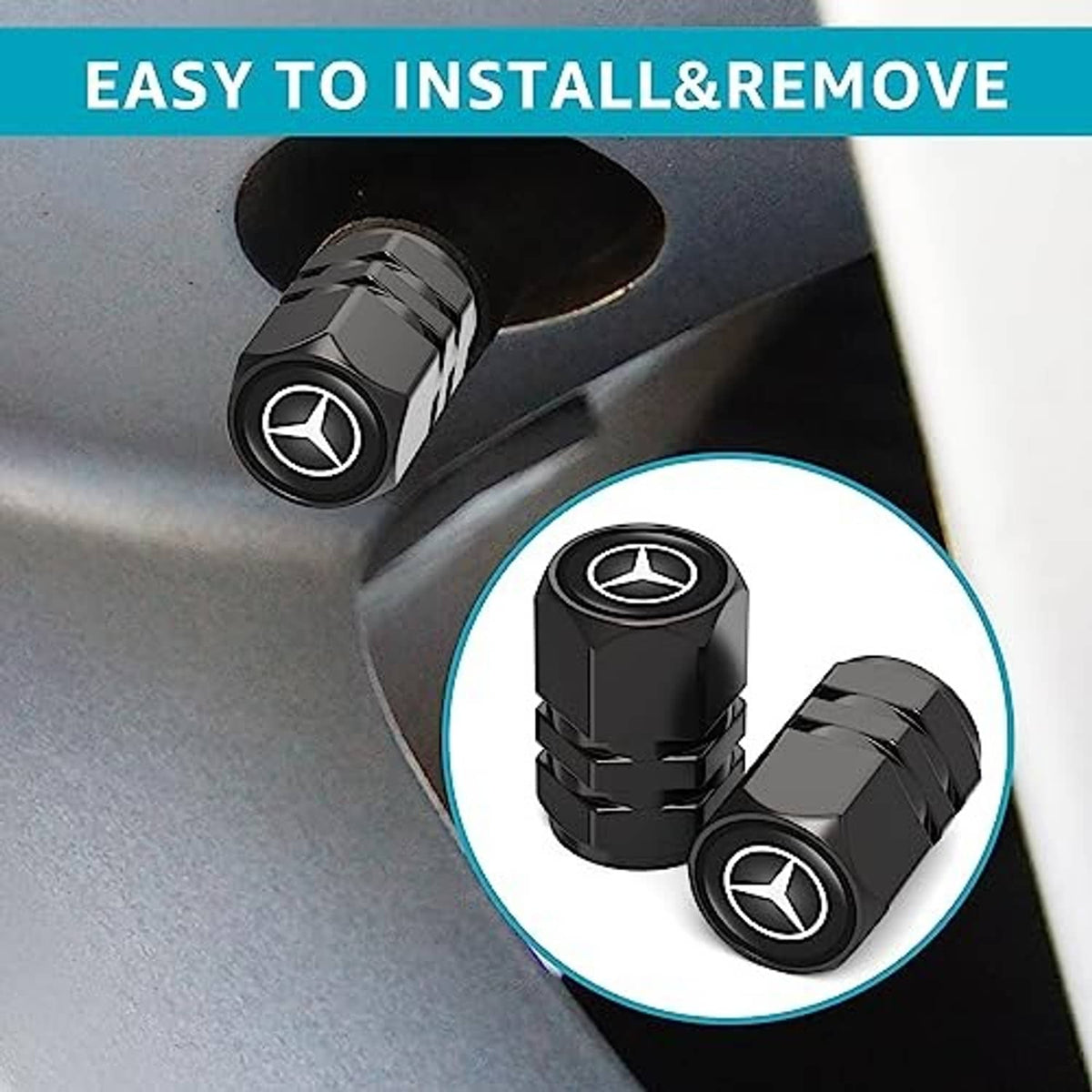 Black Mercedes-Benz star tire valve stem cap, faceted hex design