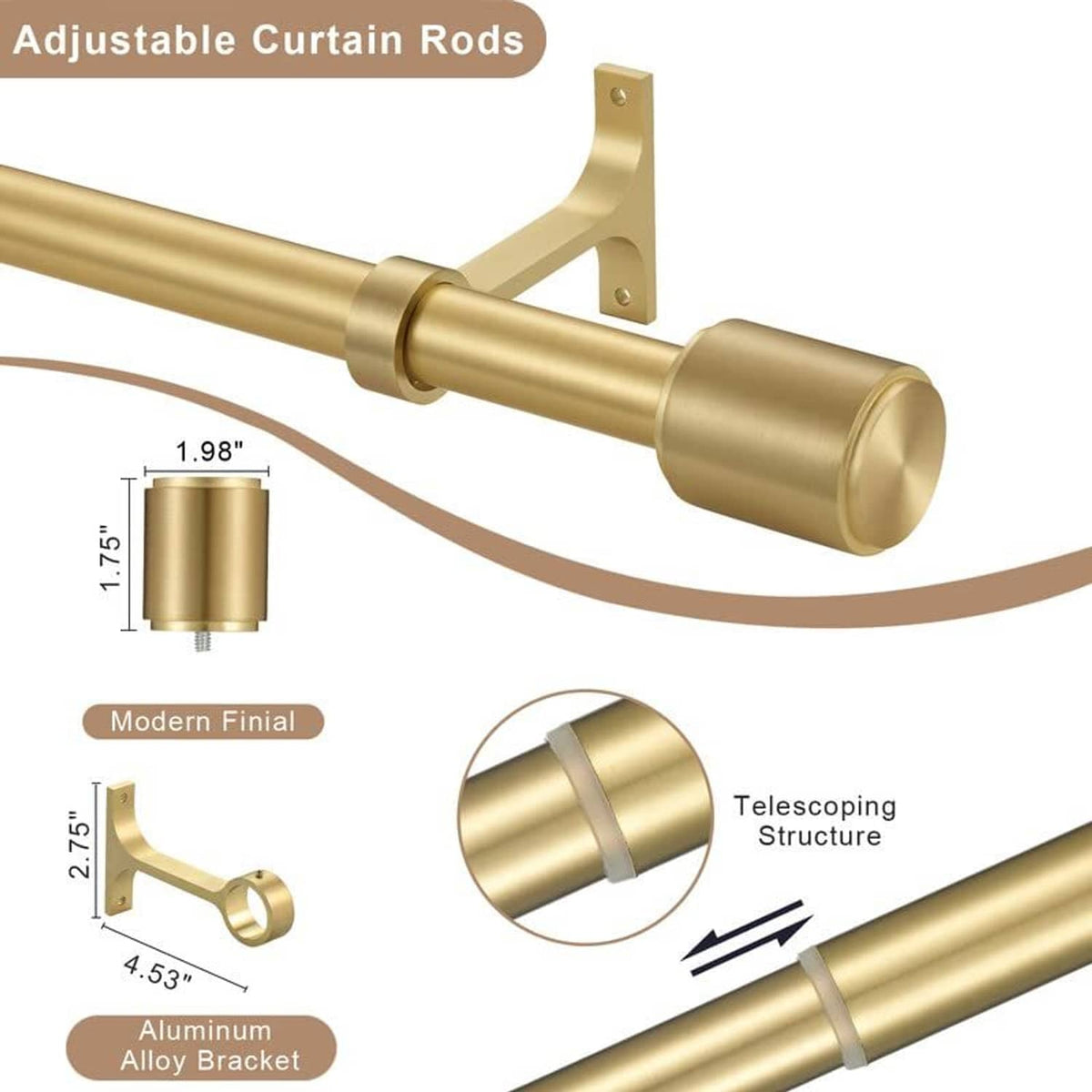 Gold adjustable telescopic curtain rod with bracket and cylindrical end cap finial