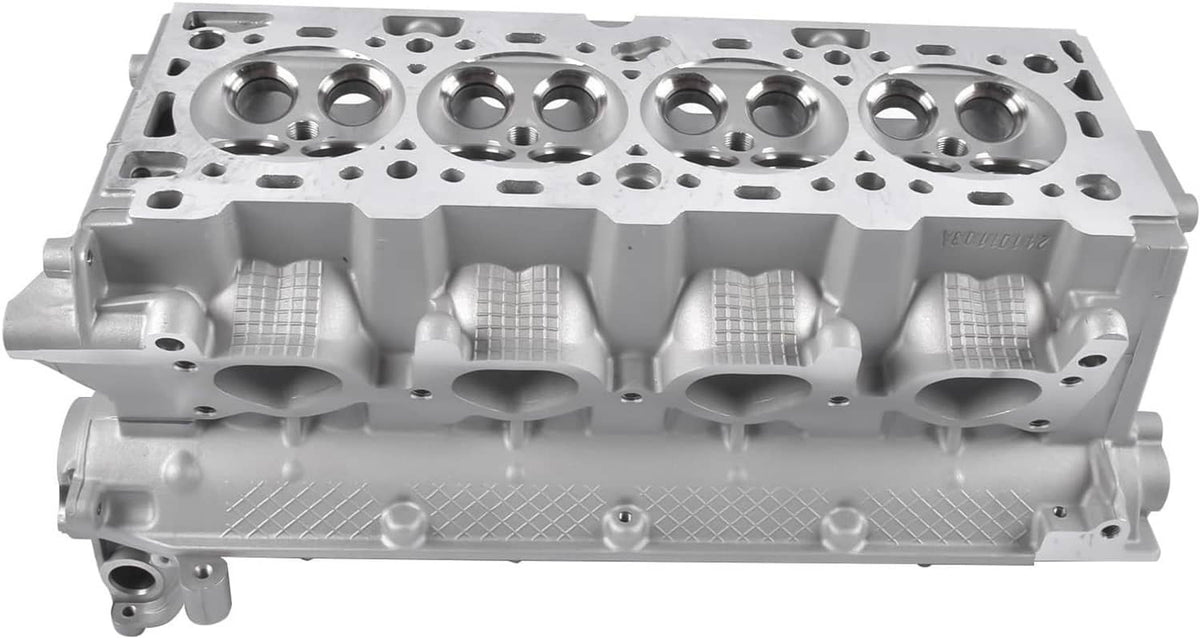 Cylinder head top with cylinder bores and bolt holes, silver cast metal