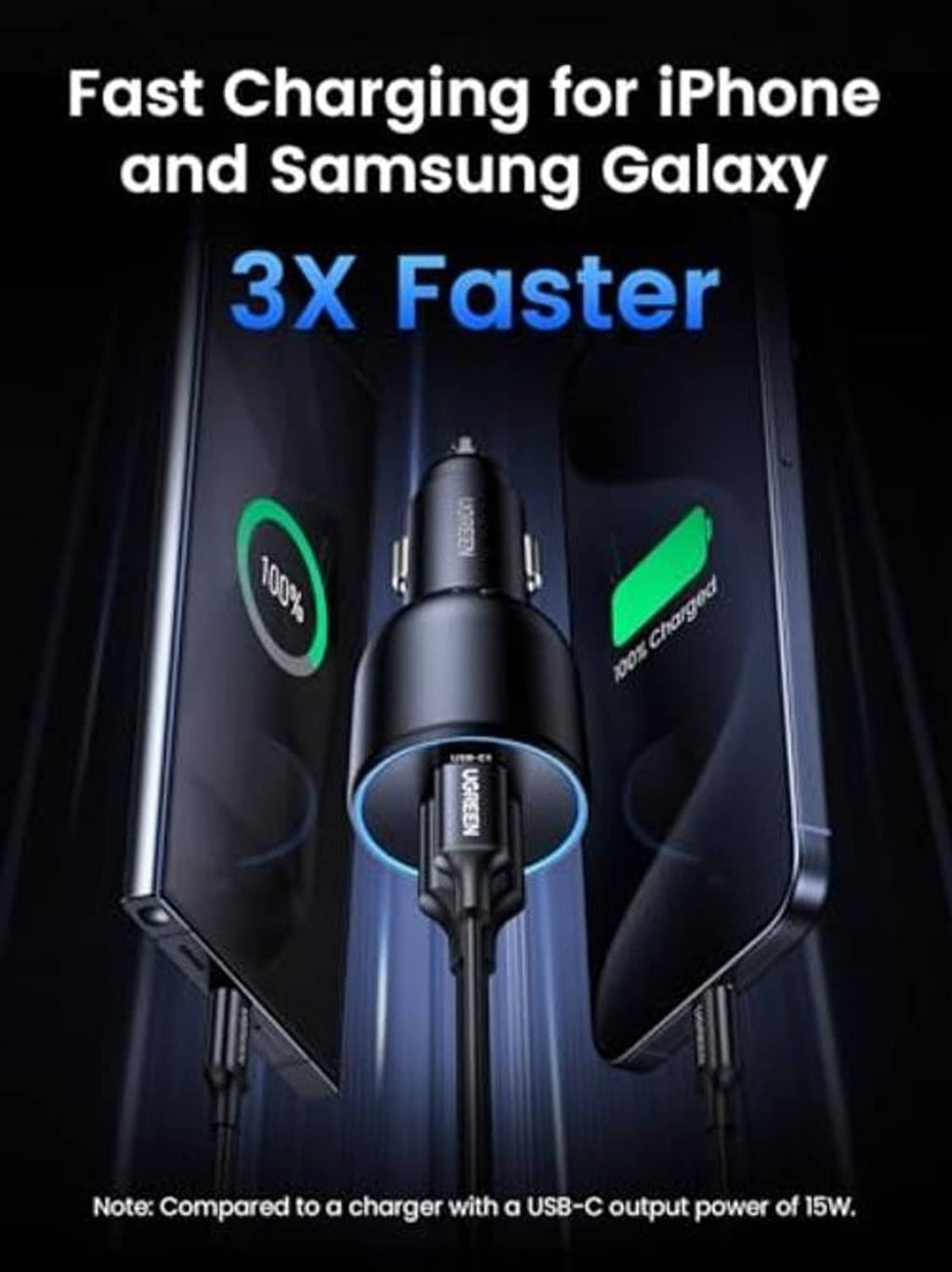 Black car USB charger with blue-lit ring, designed for fast phone charging