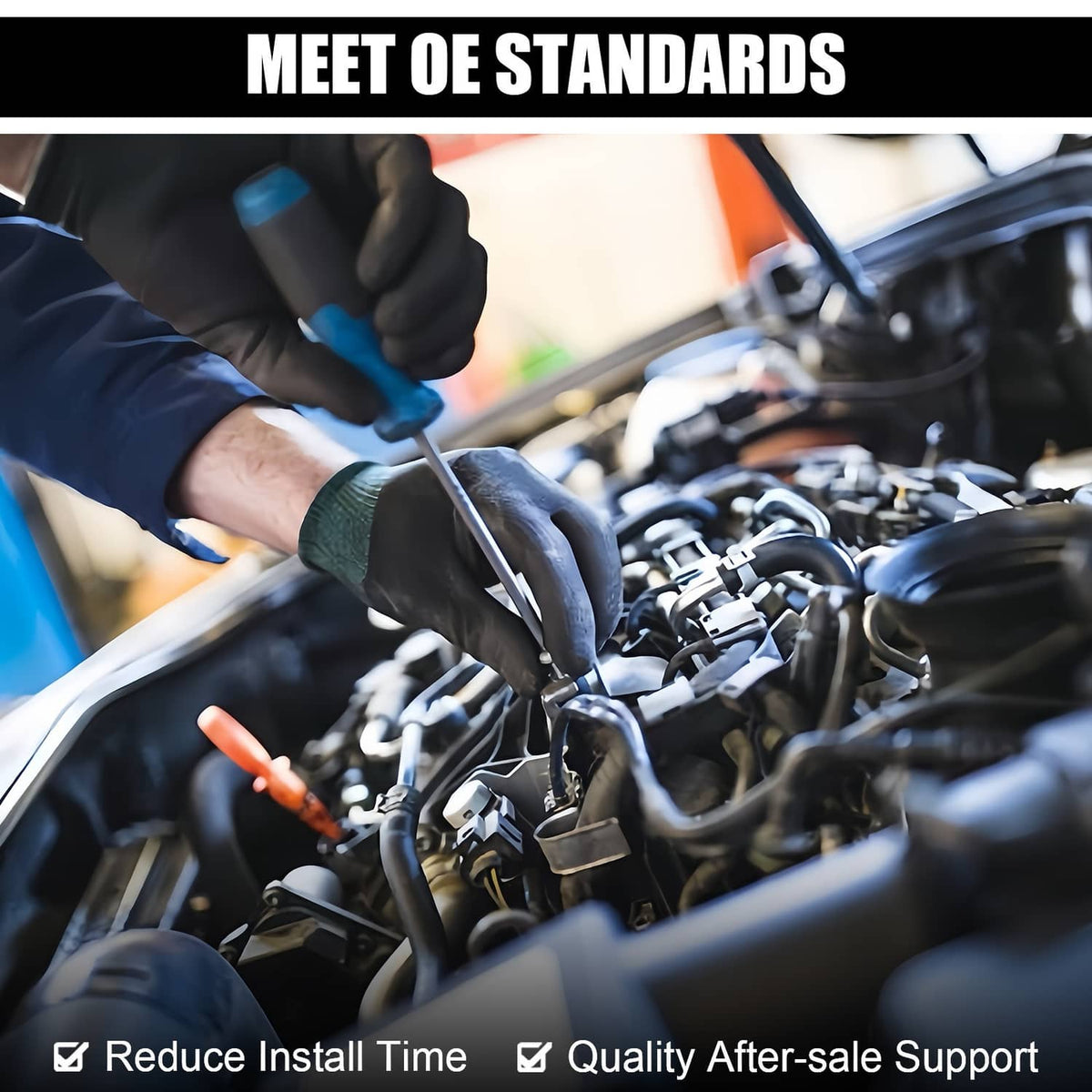 Technician installing a wireless trailer light kit near a vehicle engine bay