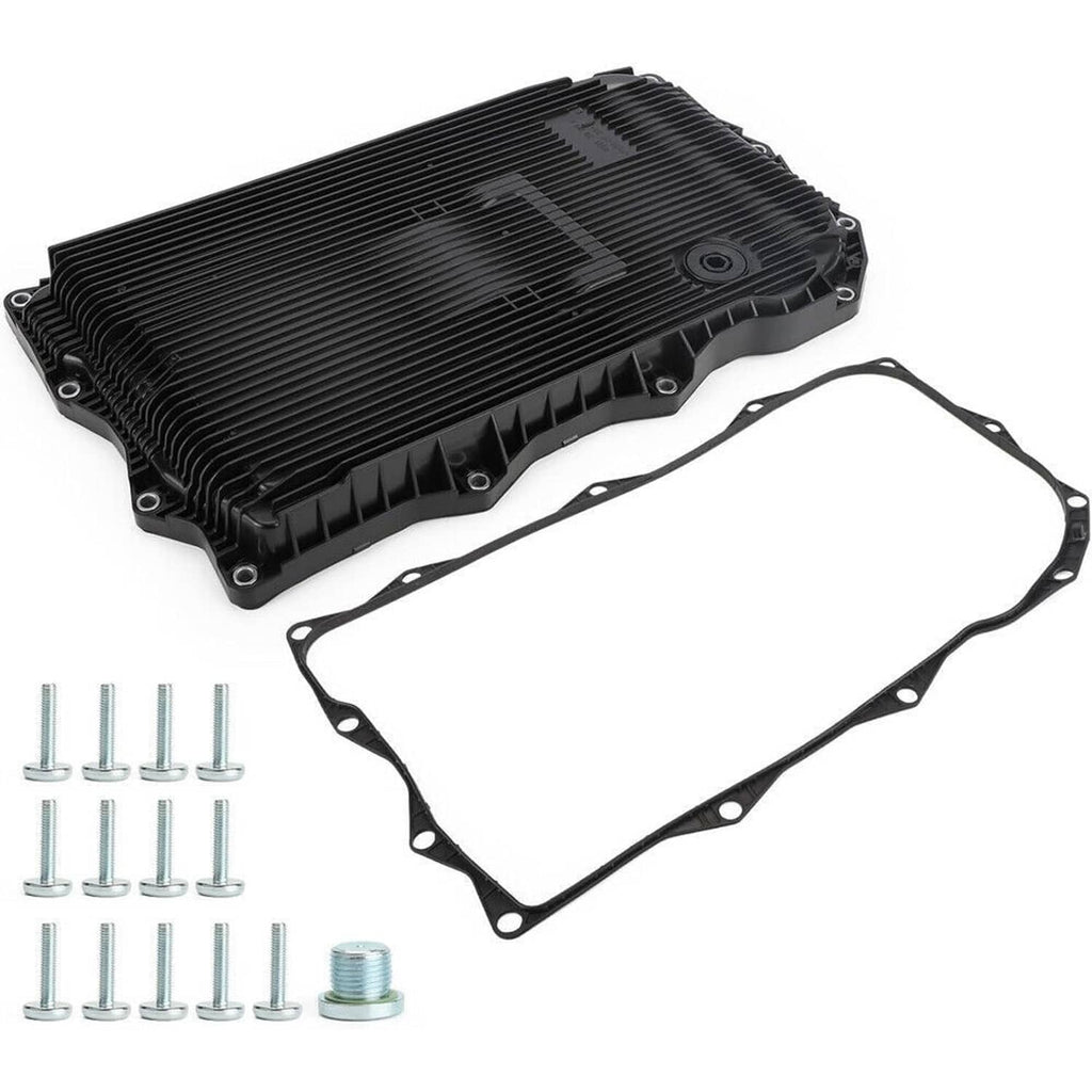 Black automatic transmission oil pan with gasket and bolt set, kit view