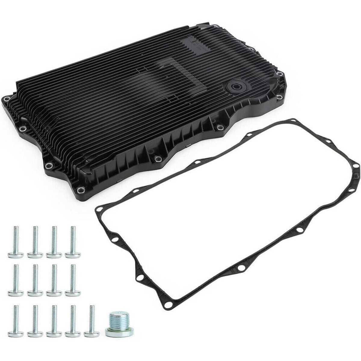 Black automatic transmission oil pan with gasket and bolt set, kit view