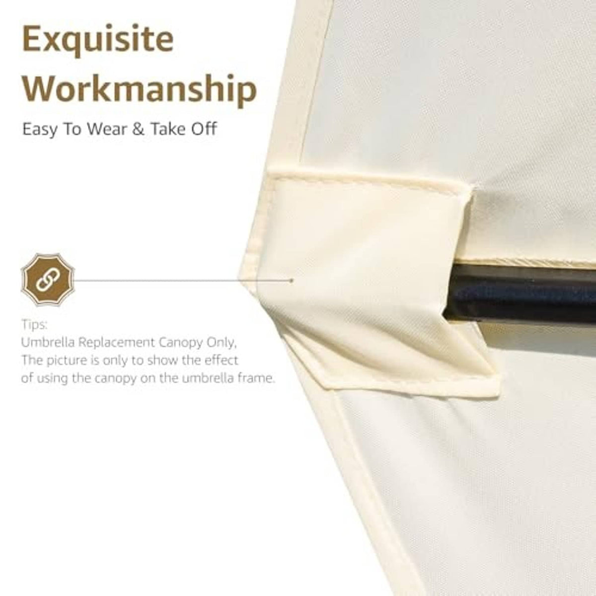 Off-white umbrella replacement canopy with sewn corner flap and center mounting cap