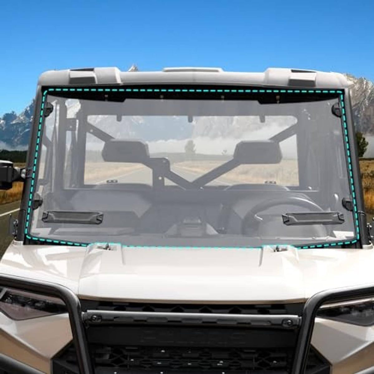 AUPOWER vented windshield, clear glass panel with black border and mounting brackets