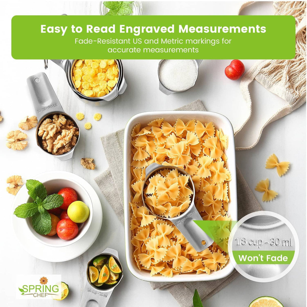 Stainless steel measuring cups and spoons set with engraved markings for cooking