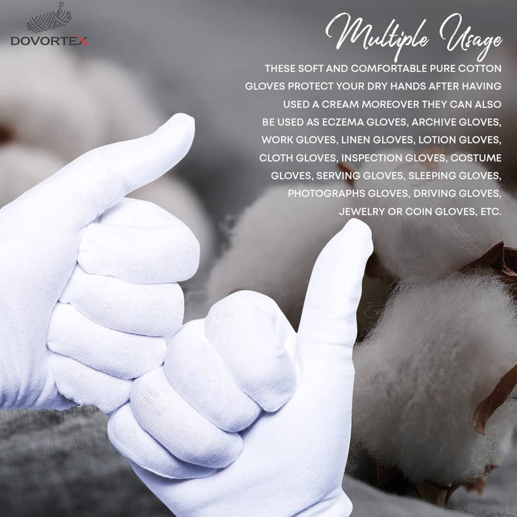 White cotton gloves shown folded in a hand, long wrist cuffs