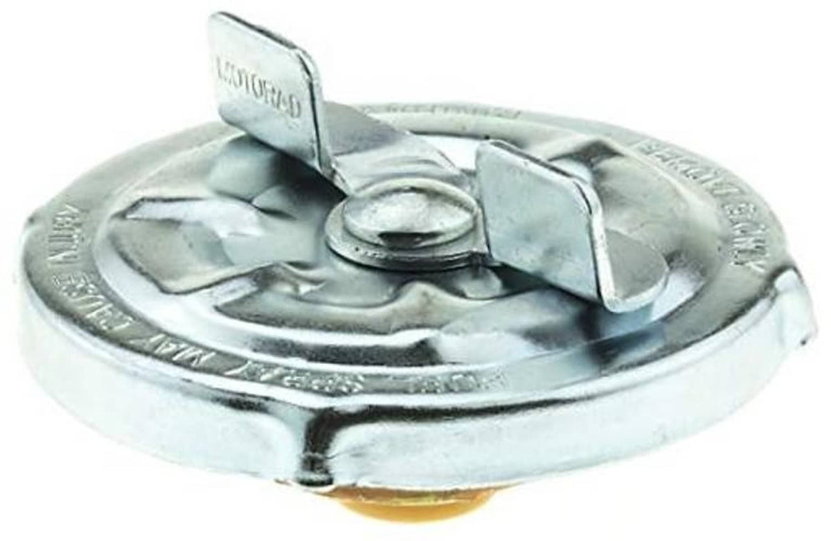 Metal fuel tank cap, round chrome finish with locking hinge lever and latch