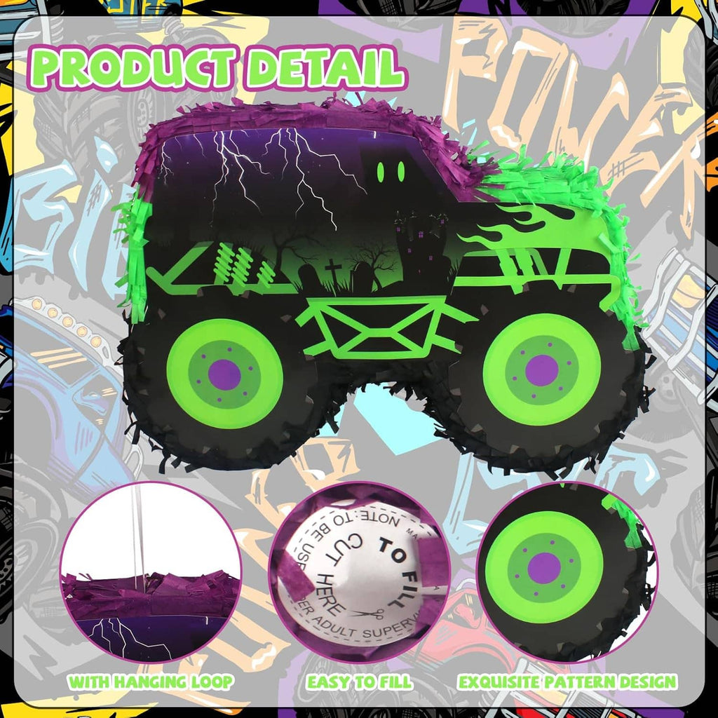 Monster truck piñata in green, purple, and black with neon wheel and lightning design