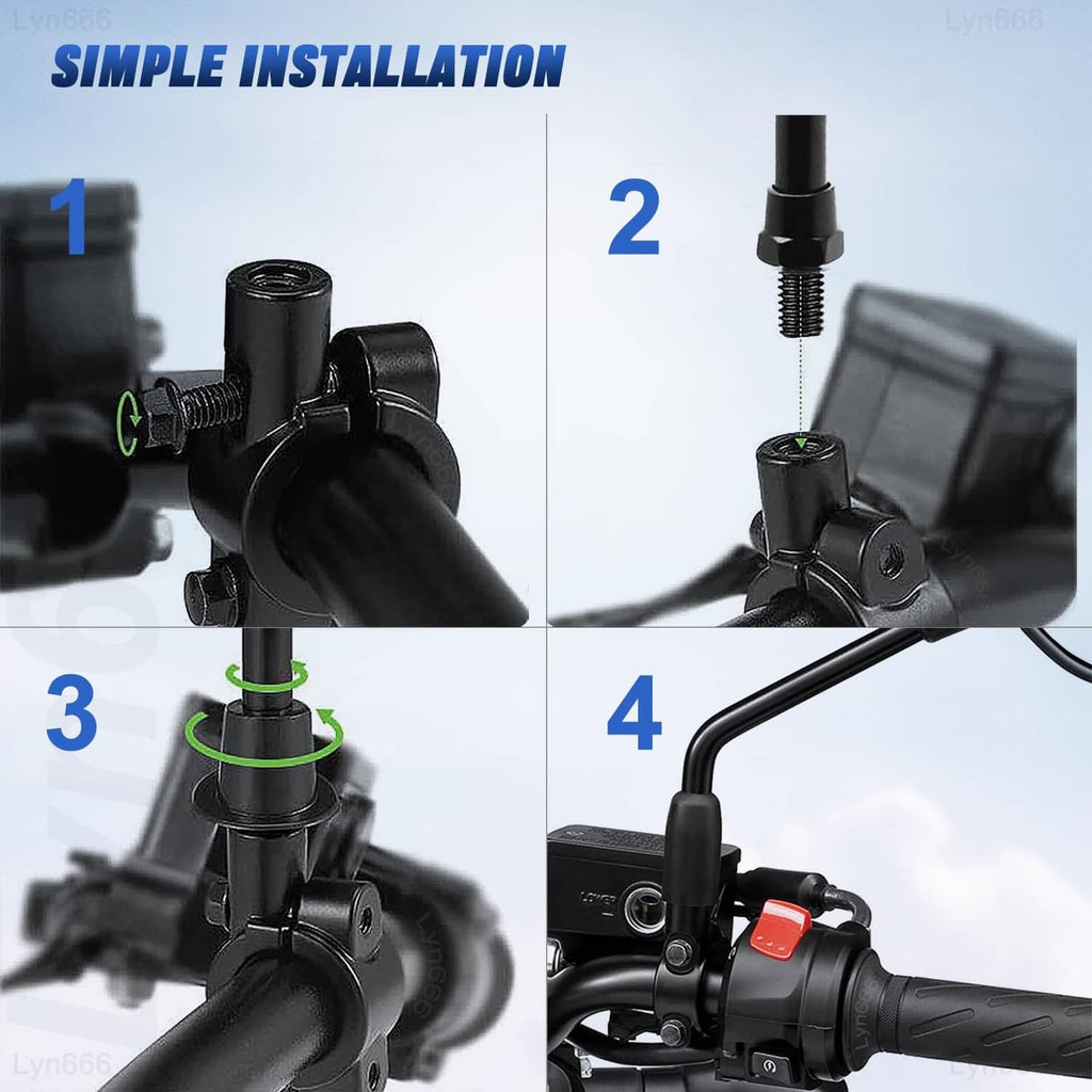 Black clamp shown during installation on handlebar with threaded bolt and fastener