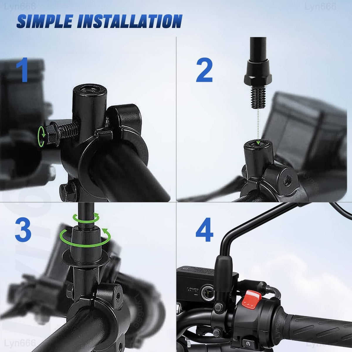 Black clamp shown during installation on handlebar with threaded bolt and fastener