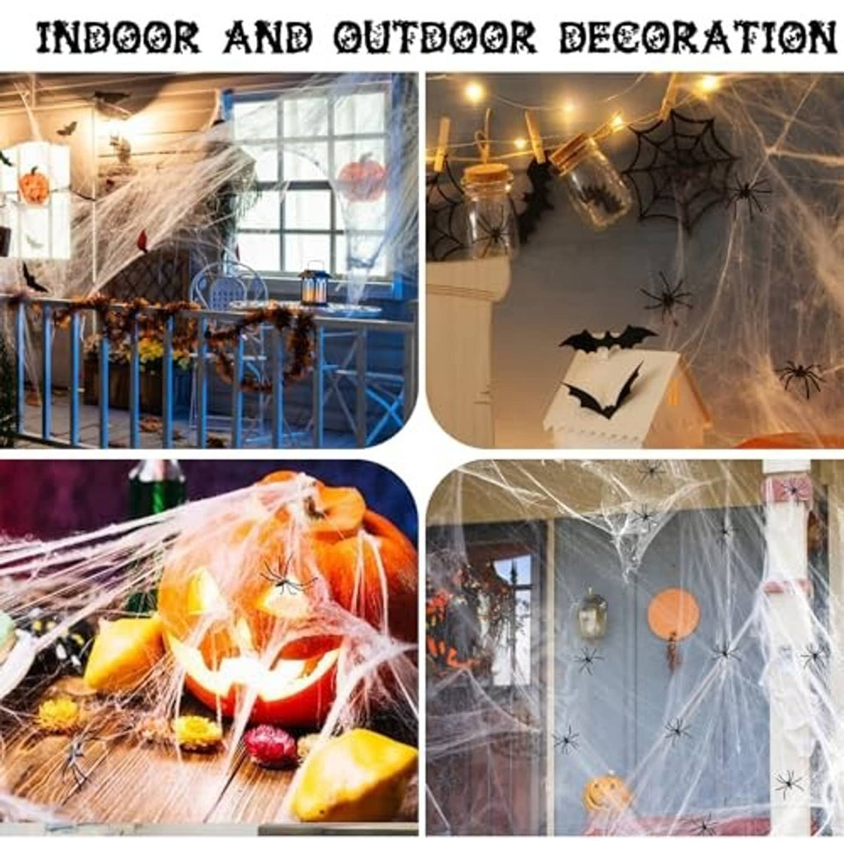 Halloween spider web decoration for indoor and outdoor windows with dangling bat accents