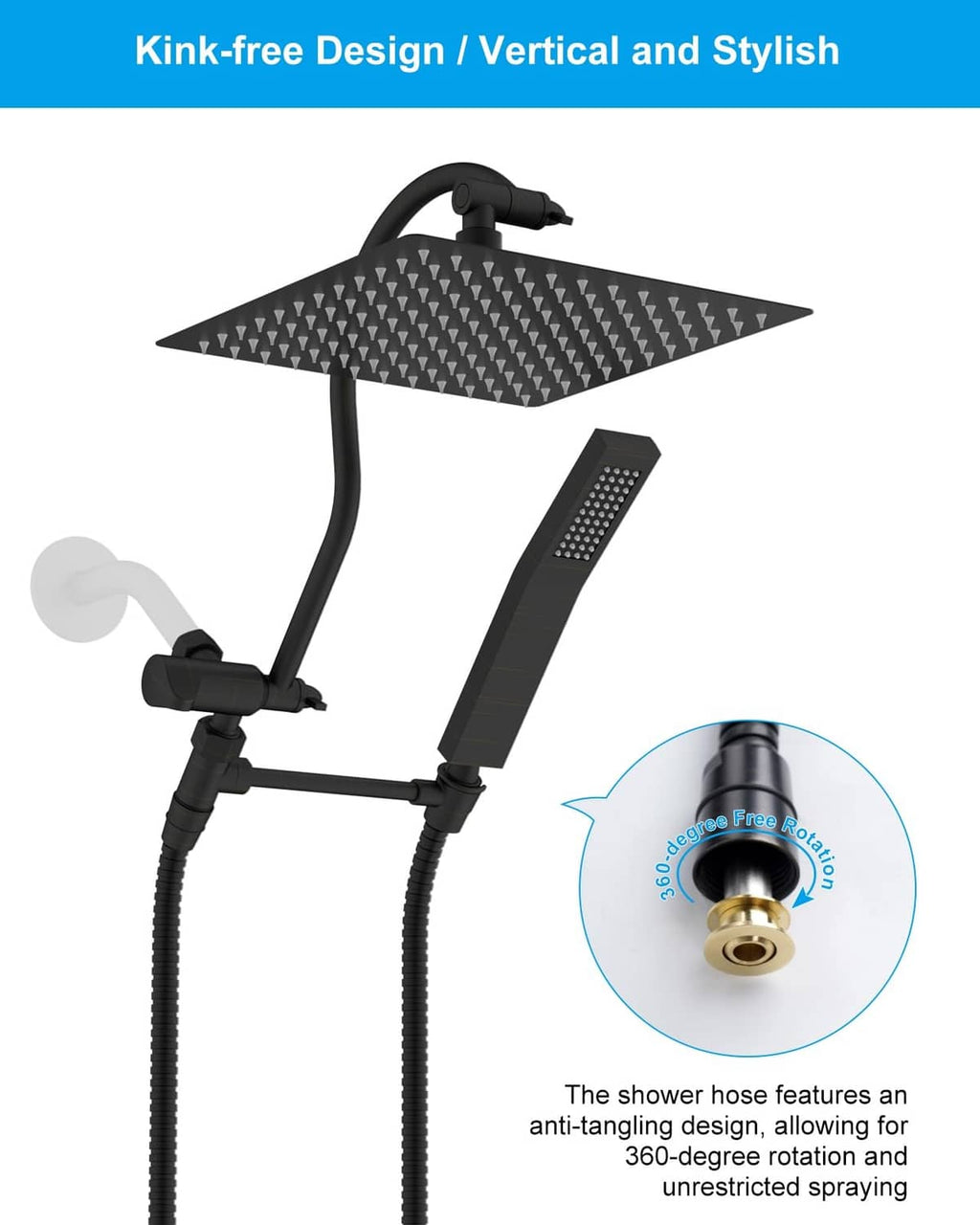 Kink-free black shower hose with rotating connection and attached handheld shower head