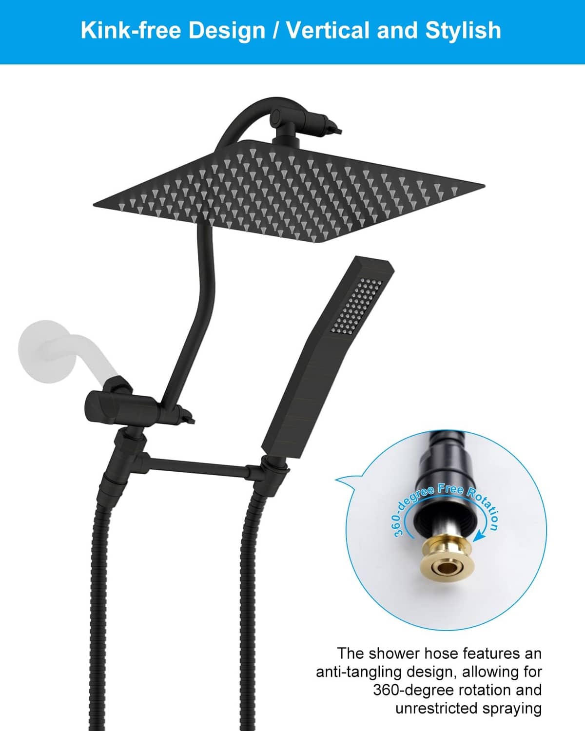 Kink-free black shower hose with rotating connection and attached handheld shower head
