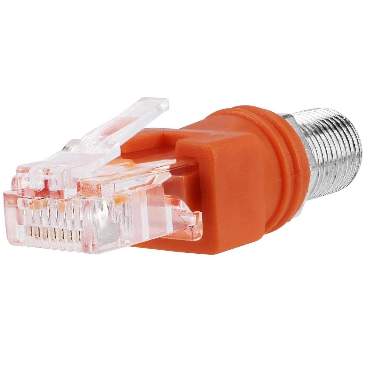 RF to RJ45 adapter with clear RJ45 male connector, orange sleeve, and silver threaded tip