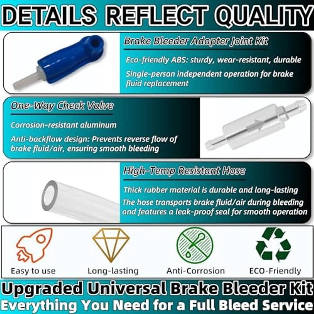 Brake bleeder adapter joint kit with blue connector, one-way valve, and high-temp hose