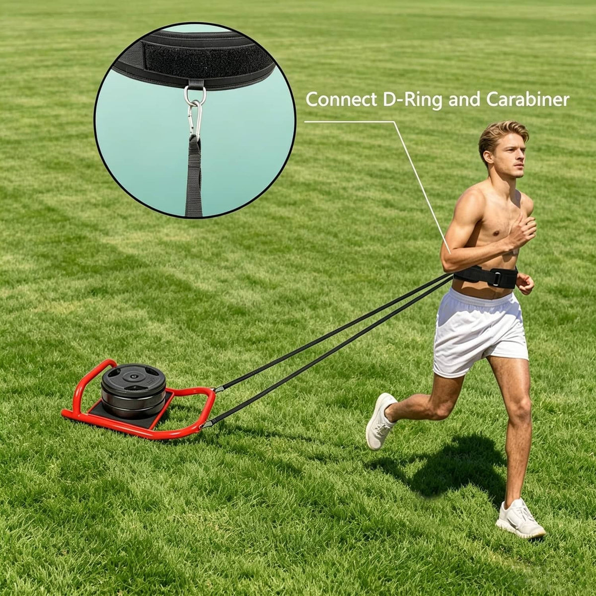 Black waist training belt with connected D-ring and carabiner strap attachment