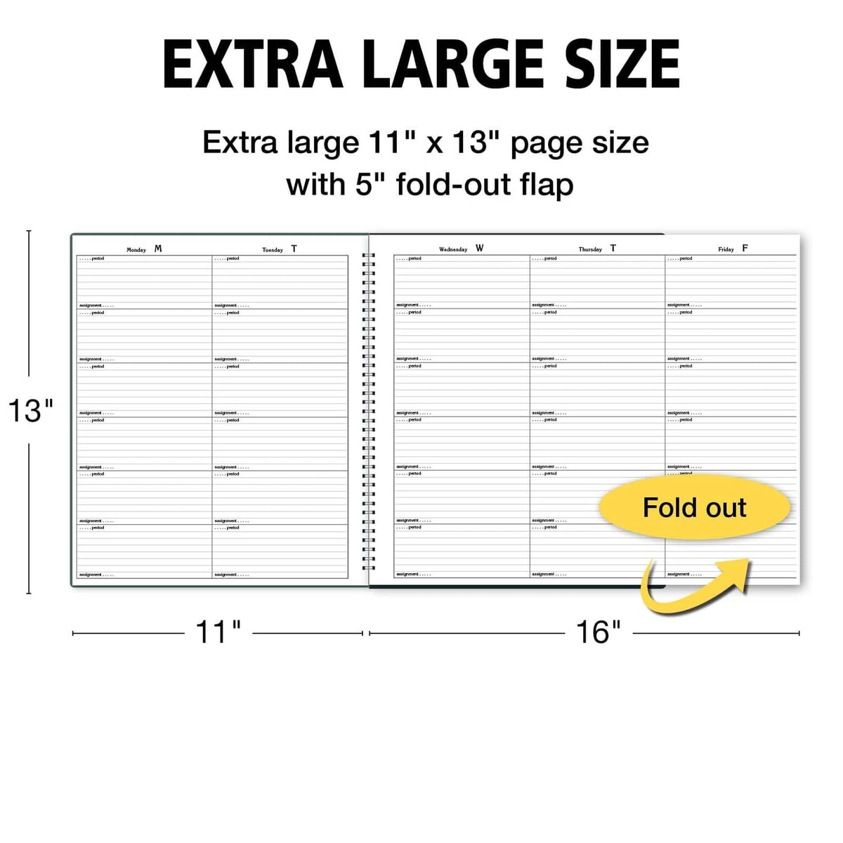 Oversized 11x13 lesson plan book with 5-inch fold-out flap, open spread shown.