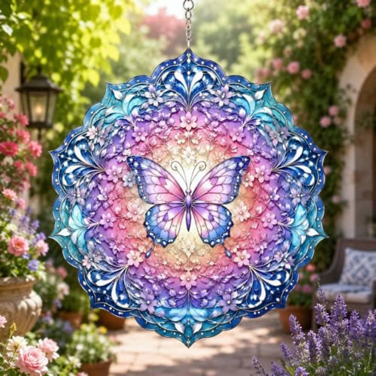 Close-up blue and purple floral butterfly wind spinner with ornate decorative edge