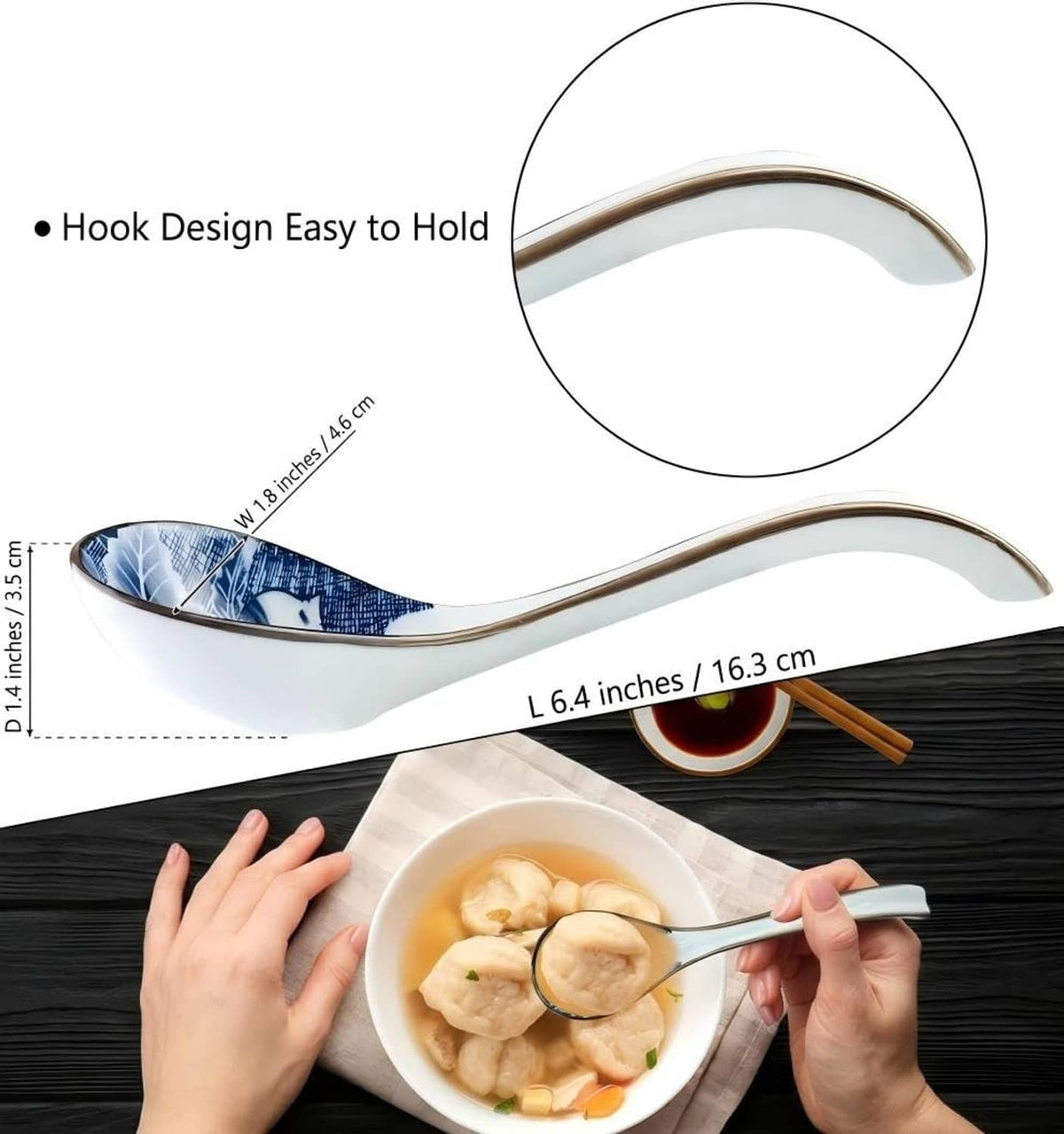 Long-handled ceramic soup spoon with blue-and-white hook design and length markings