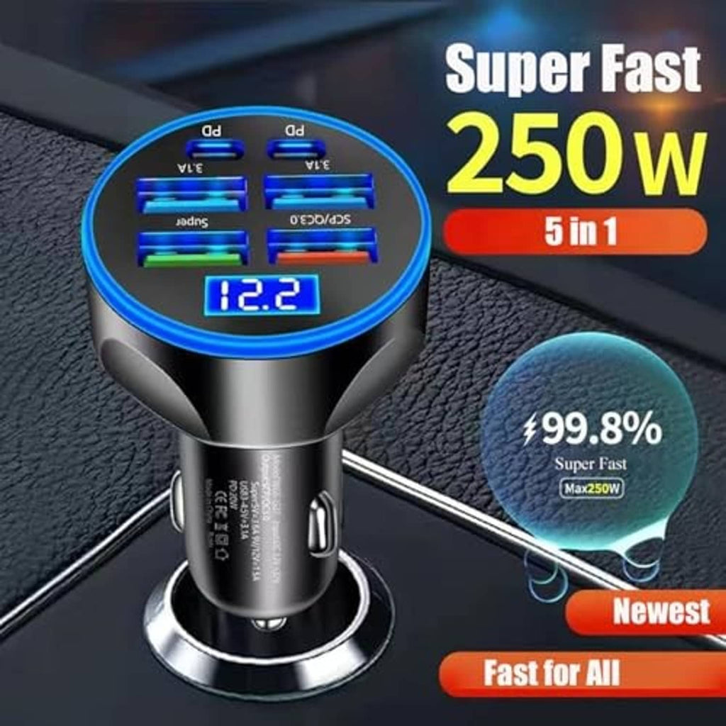 USB car charger adapter with voltage display 12.2 and multiport USB ring on metal base