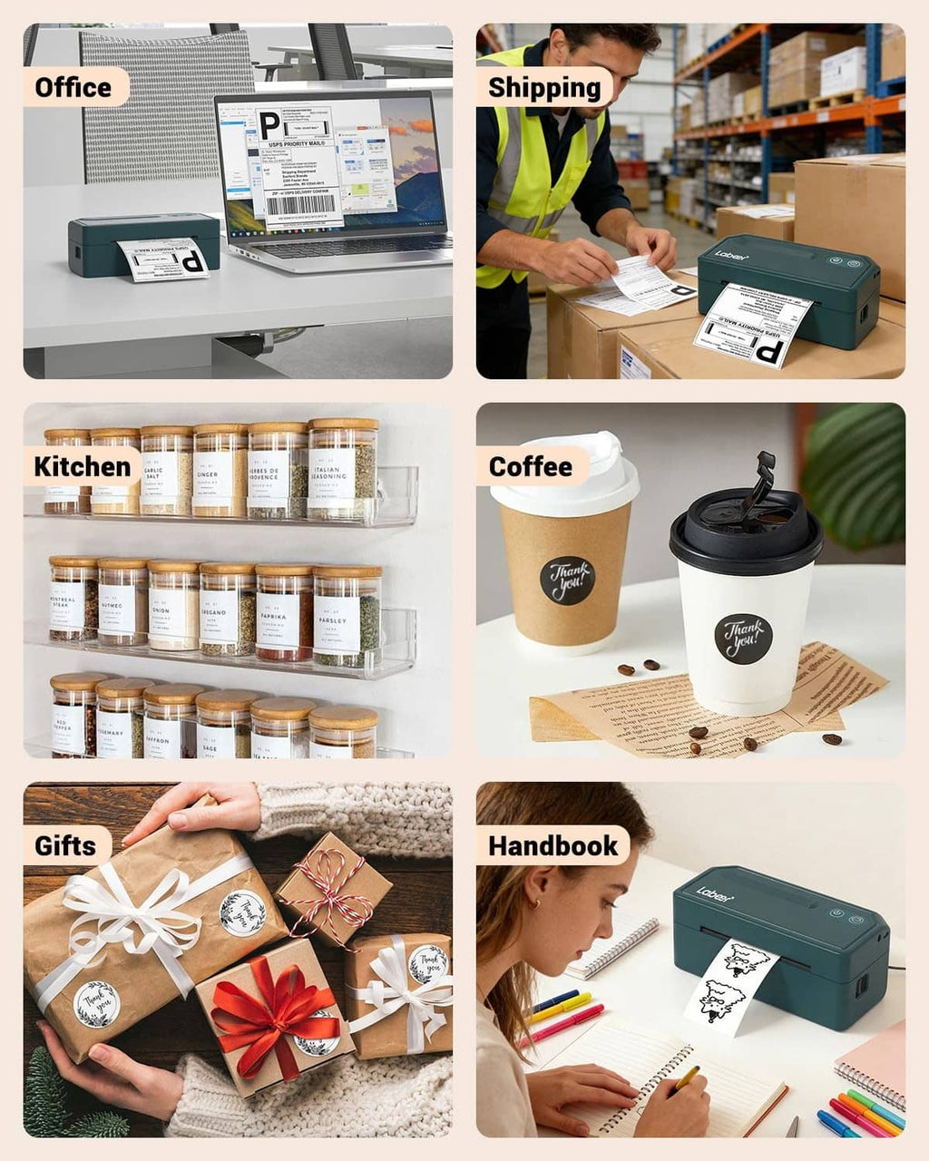 Green thermal label printer in collage for office, shipping, kitchen, gifts, and coffee