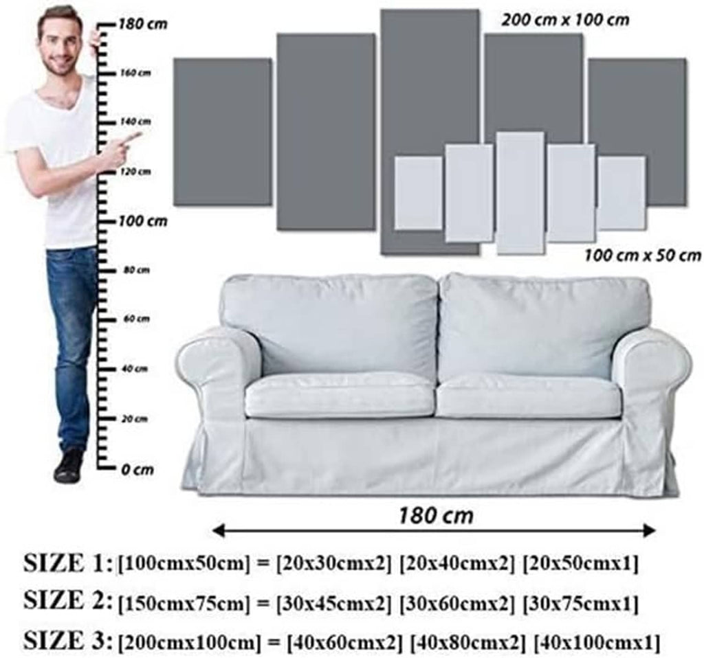 Wall art size diagram with panel measurements shown above a sofa background