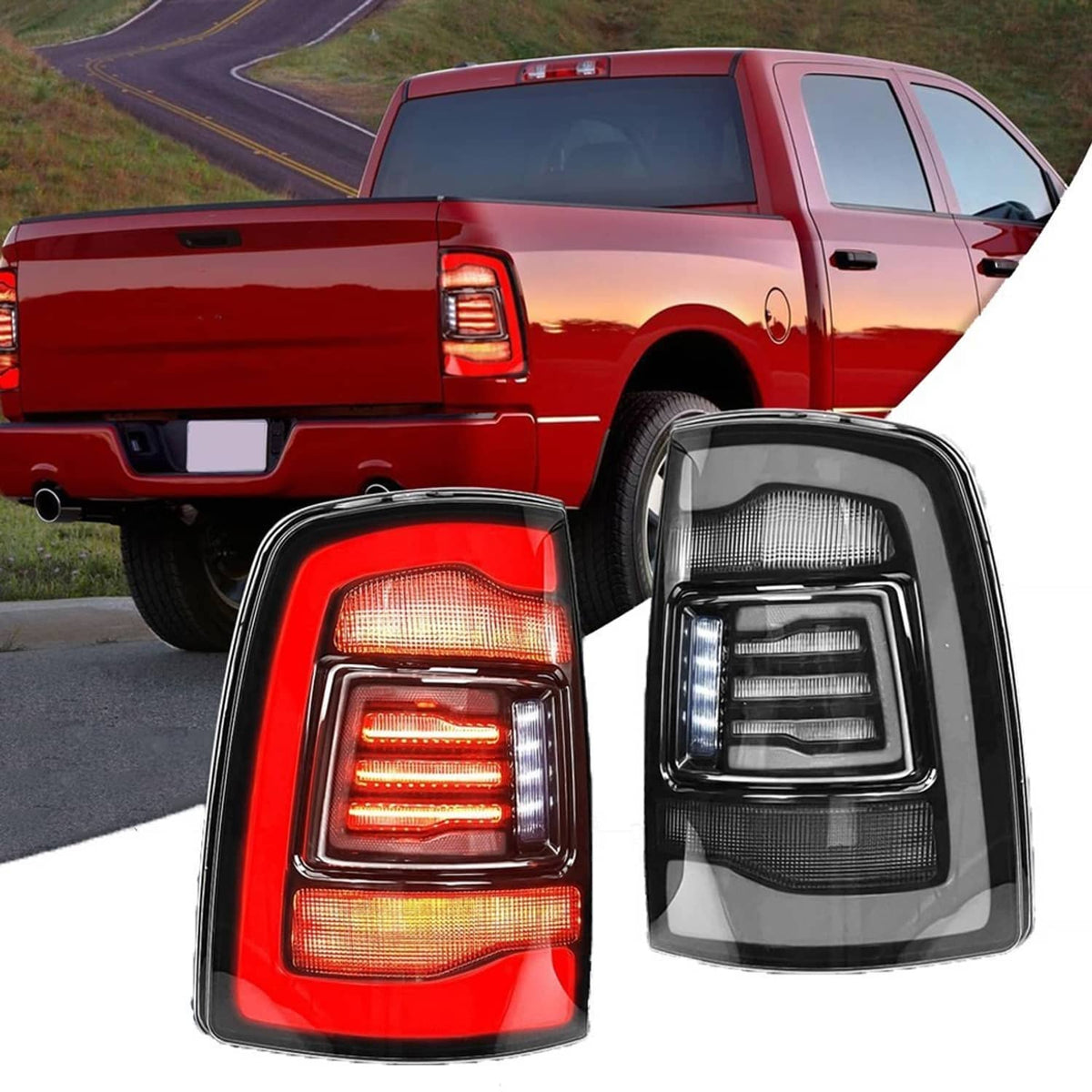 Pair of LED tail lights on a pickup truck: red turn/brake and clear reverse light