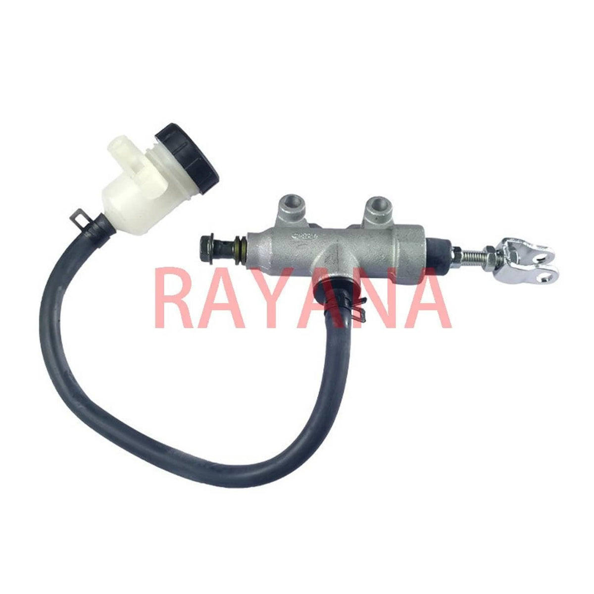 Rear brake master cylinder with hose, white reservoir, and chrome mounting end fitting