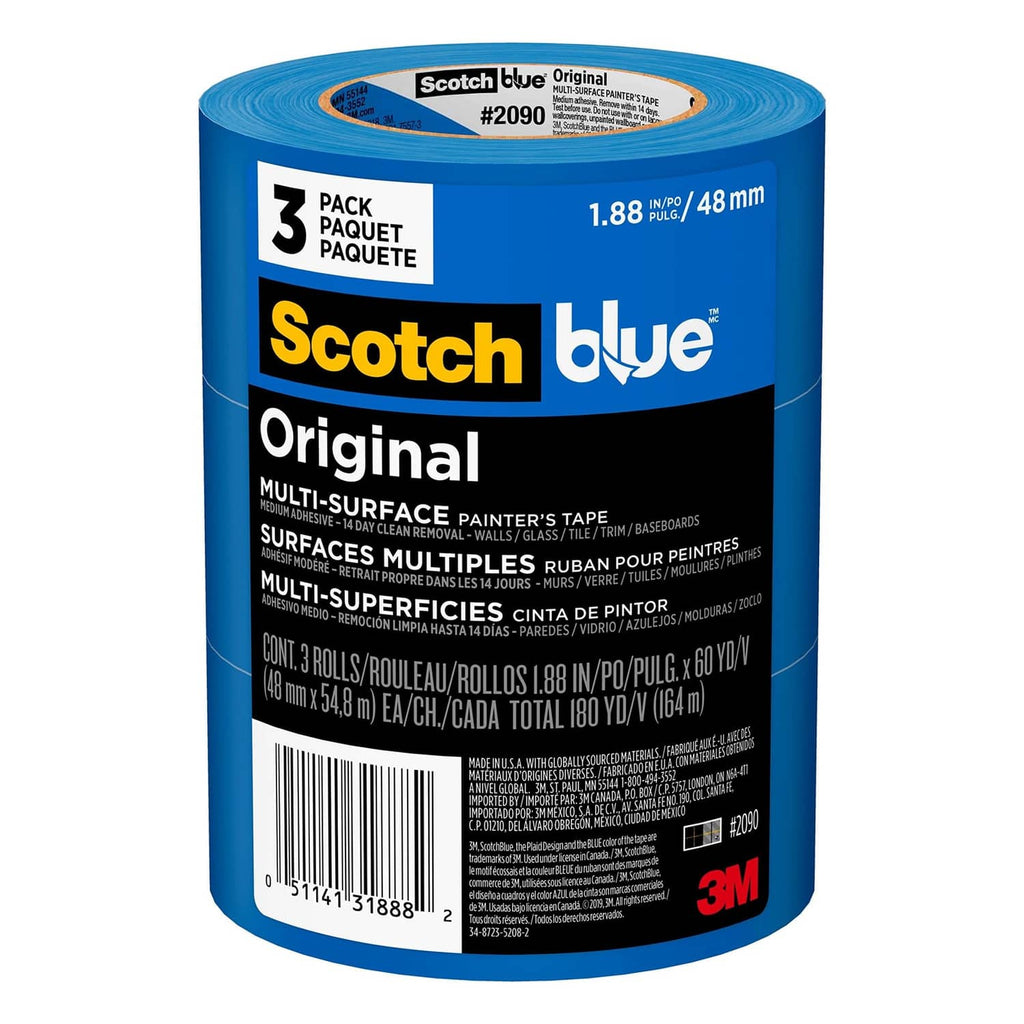 Blue ScotchBlue multi-surface painter's tape rolls, 2 in wide, 3-pack