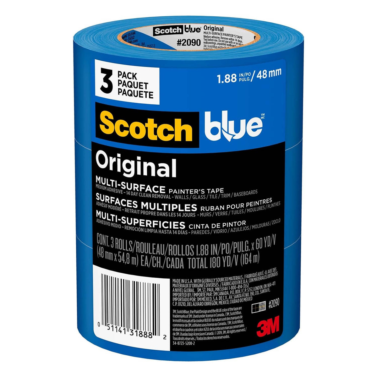 Blue ScotchBlue multi-surface painter's tape rolls, 2 in wide, 3-pack
