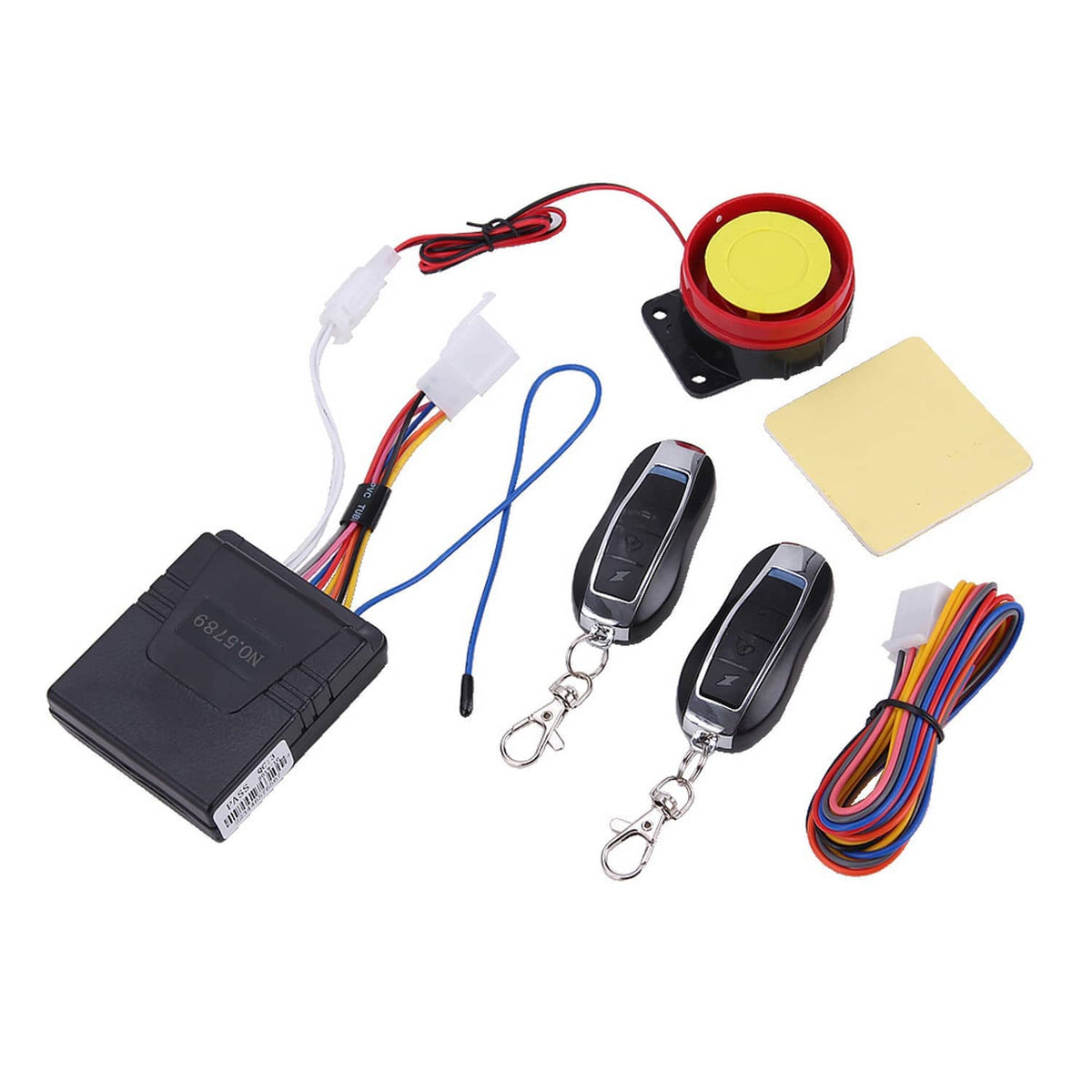 12V motorcycle alarm system kit with control box, two remote fobs, red/yellow siren button