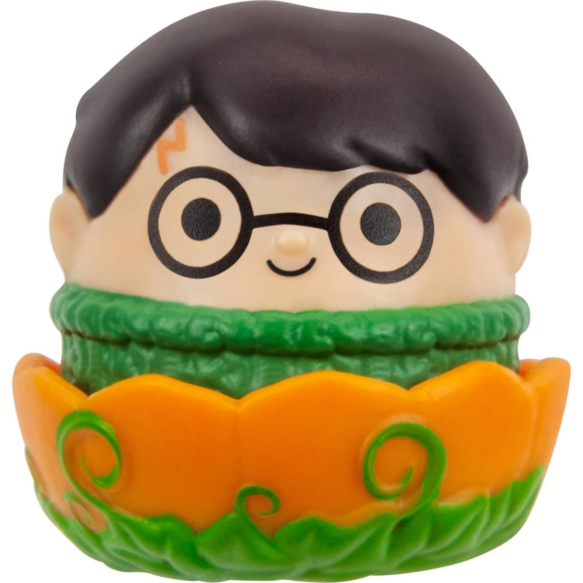 Mini squish toy figure of a boy with round glasses, green collar, and orange hair