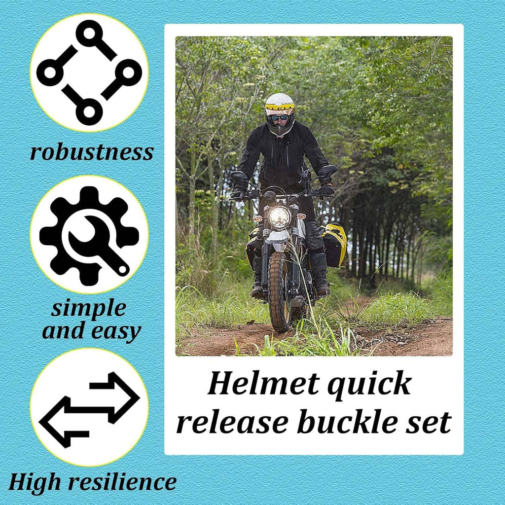 Helmet quick release buckle set features icons and rider in motion