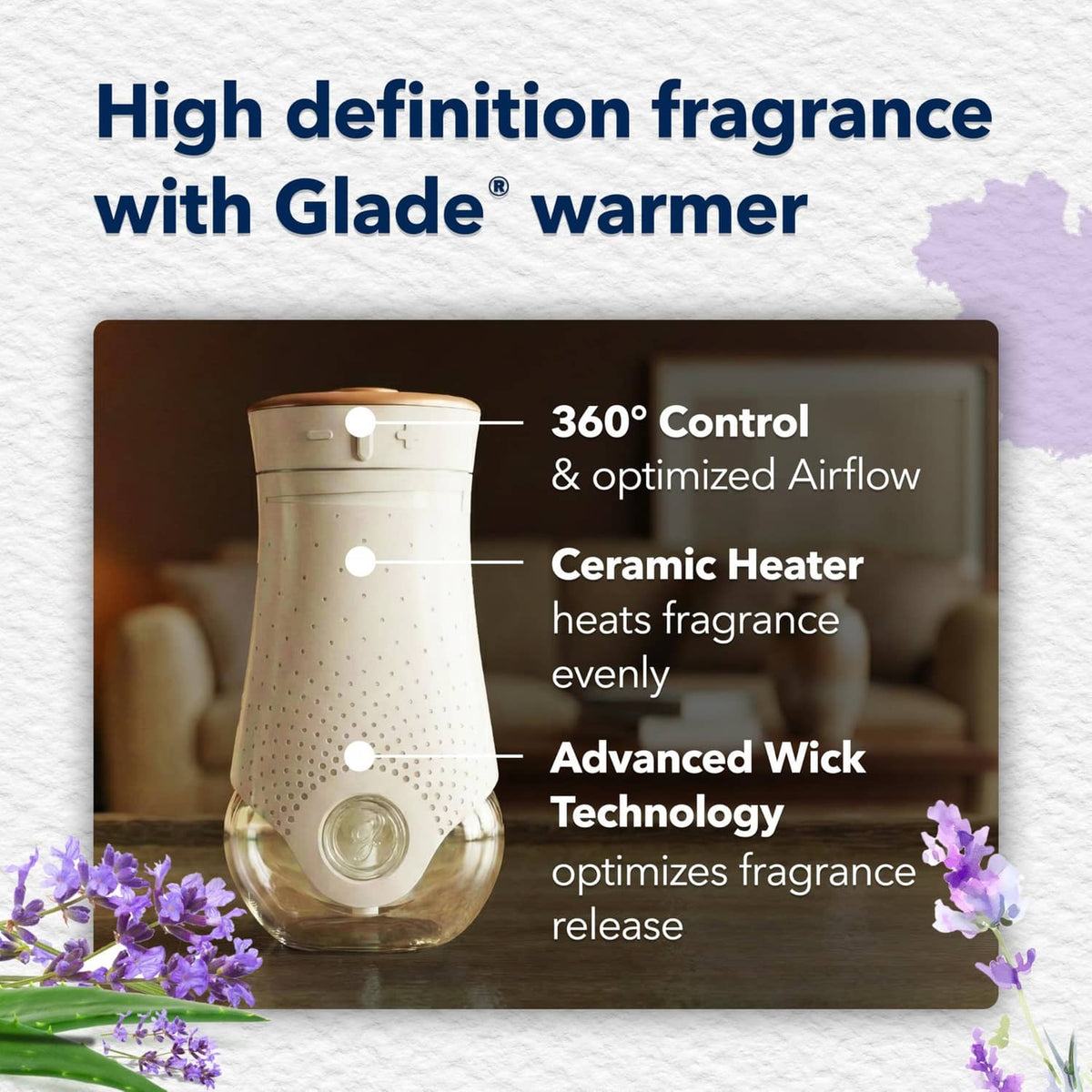 Plug-in warmer with 360° control, ceramic heater, and advanced wick technology