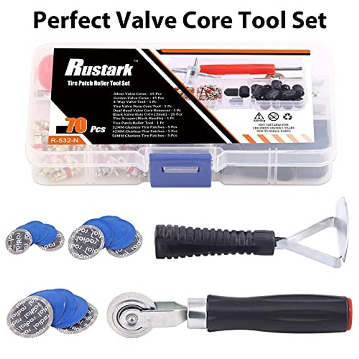 Rustark tire patch and valve core tool set with blue caps, scraper, and case