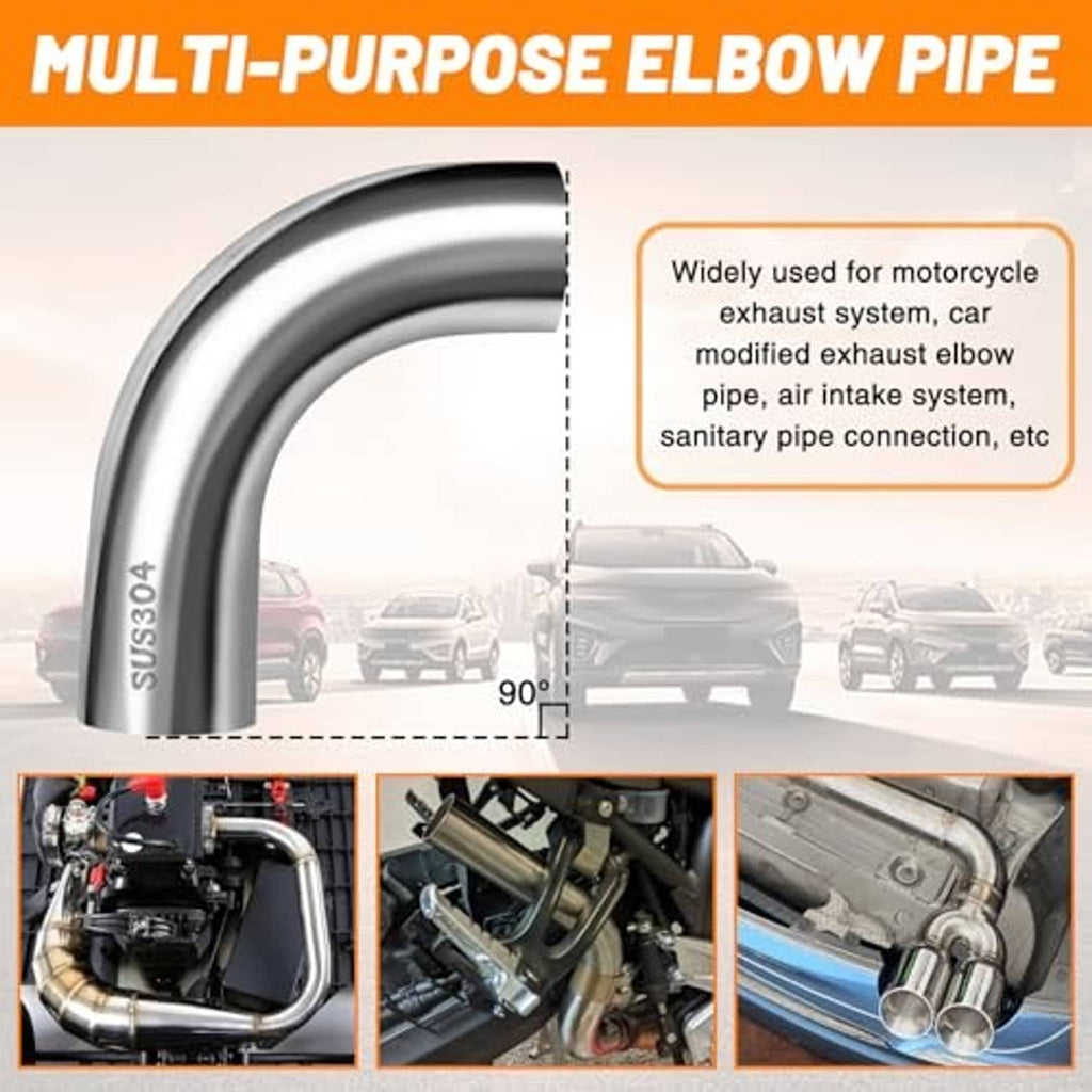 90-degree stainless steel elbow pipe for exhaust or intake piping connections.