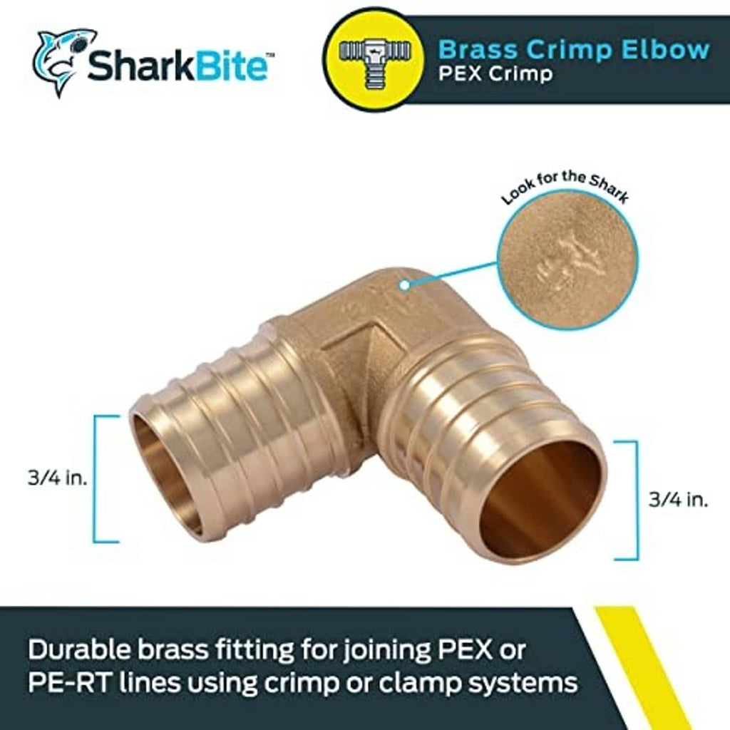 Brass 90-degree PEX crimp elbow fitting with ribbed connector ends and curved body