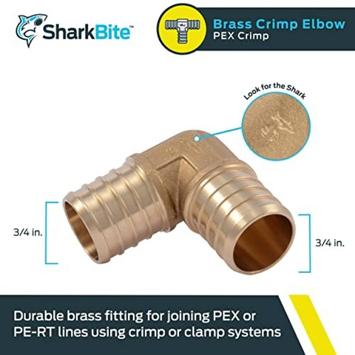 Brass 90-degree PEX crimp elbow fitting with ribbed connector ends and curved body