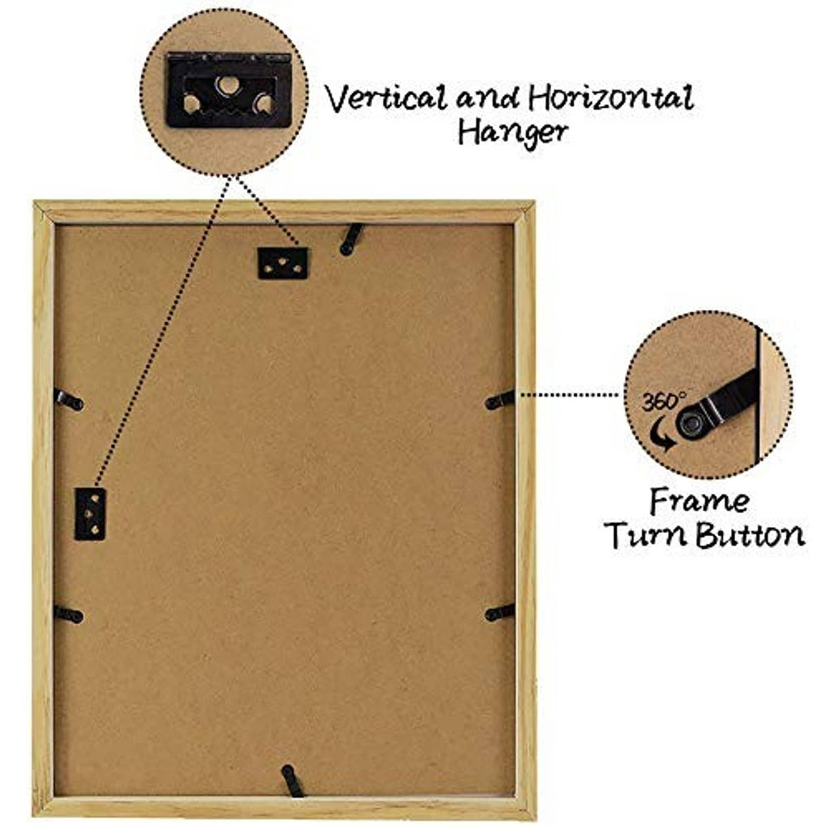 Wood photo frame backing with vertical and horizontal hangers and 360° turn button