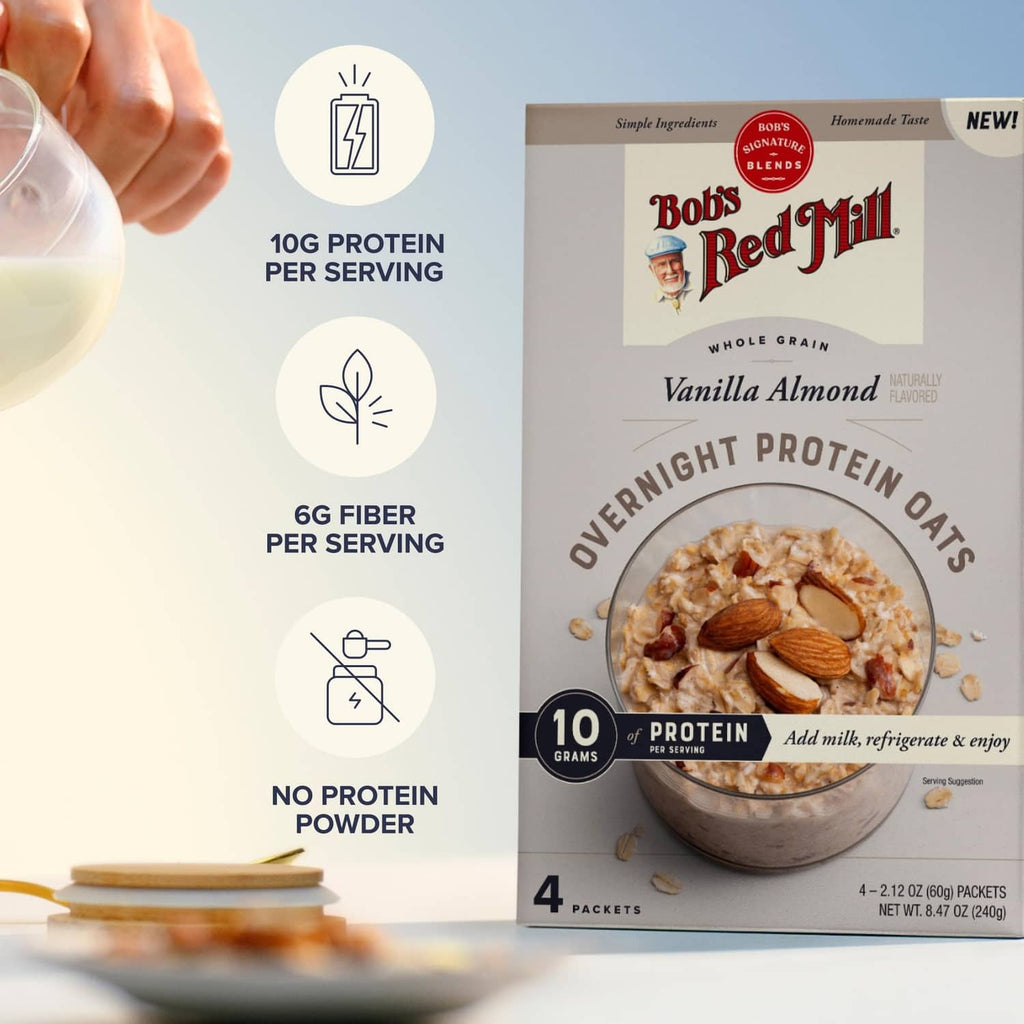 Overnight protein oats packet with 10g protein and 6g fiber icons, vanilla almond
